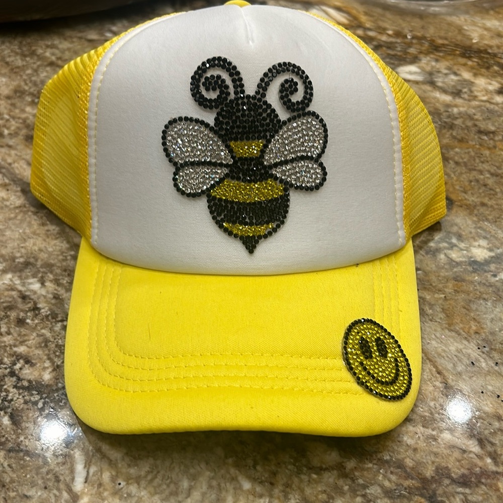 Rhinestone crystal bee smiley face trucker hat